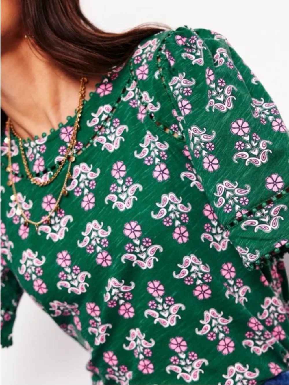 Boden Mila LaceTrim Detail Top Green Floral Puff-Sleeve Blouse with Pink Flowers